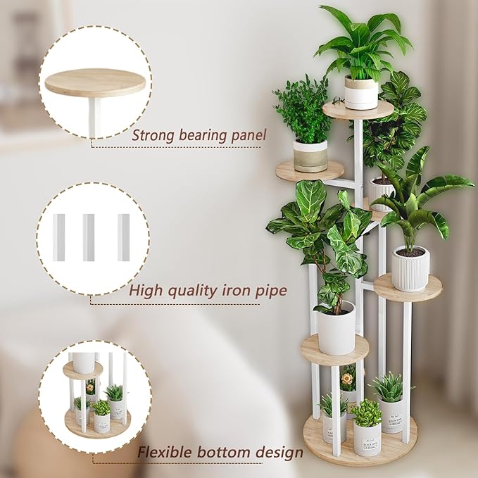 INGIORDAR Plant Stand Indoor Outdoor Corner Plant Shelf for Multiple Flower Pots Flower Stand Holder for Patio Garden Balcony Living Room (White+Sonoma Oak, 6 Tier)