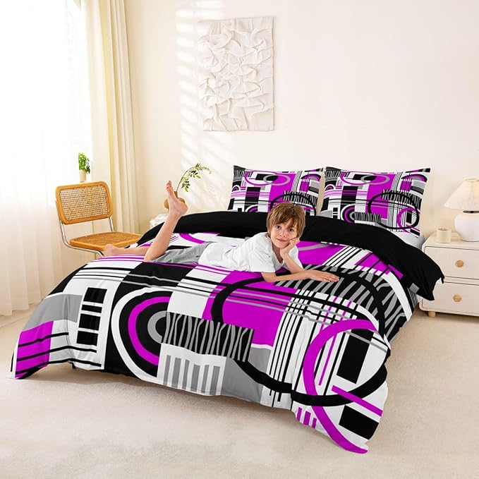 Erosebridal Art Deco Mid Century Duvet Cover Set Retro Modern Abstract Geometric Queen Bedding Set for Kids Teens Child Black and White Purple Circles Stripes Comforter Cover Contemporary Bed Sets