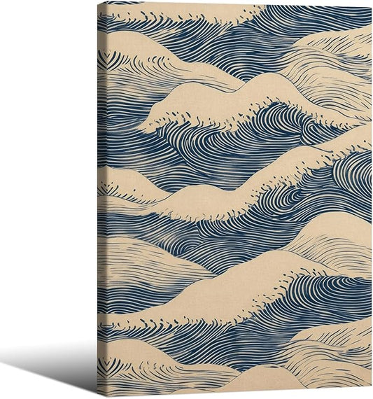 Japanese Blue Wave Canvas Poster Modern Abstract Geometric Wall Art 16X24 inch Framed Vintage Mid-Century Wabi Sabi Prints for Minimalist Living Room Dorm Wall Decor