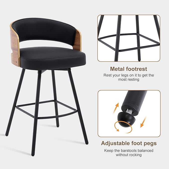 Swivel Bar Stools Set of 2, 26" Counter Height Bentwood Barstool, Upholstered Faux Leather Barstools with Walnut Back, Mid Century Modern Bar Chairs for Kitchen Island, Bar