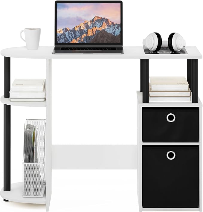 Furinno Jaya Desk, 38.4" Wide Gaming Desk with Bin Drawers, Computer Desk with Side Shelf, Office Desk for Study, Home Office, Bedroom, Dorm, Study Room, White