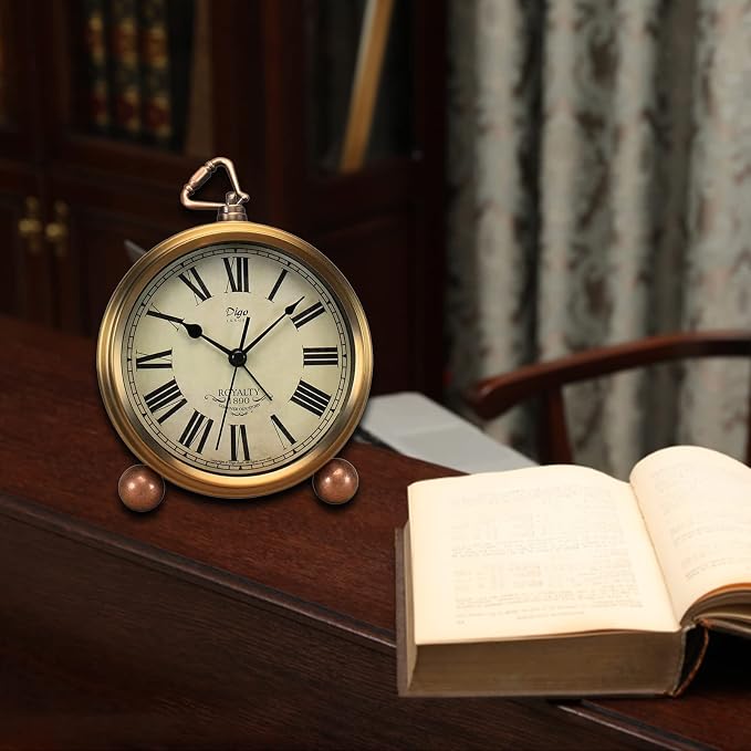 Justup Golden Table Clock, Retro Vintage Non-Ticking Table Desk Alarm Clock Battery Operated Silent Quartz Movement HD Glass for Bedroom Living Room Indoor Decoration Kids (Roman)