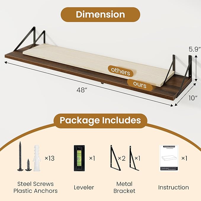 48inch Floating Shelves for Wall,10" Deep Floating Shelves with Metal Brackets,Wall Mounted Hanging Floating Shelf,Wide Display Shelves for Living Room,Bedroom,Office,Kitchen,Walnut