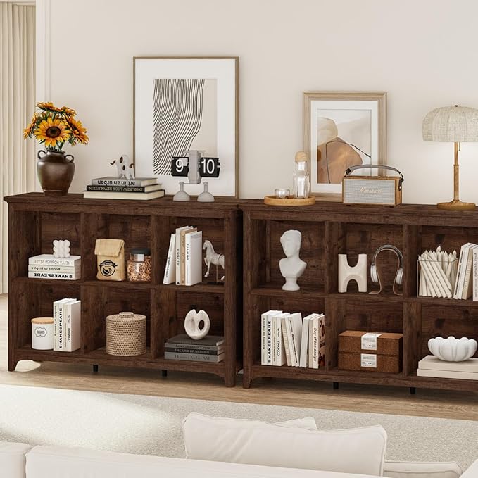 BON AUGURE 6 Cube Storage Bookshelf, Horizontal Wooden Bookcase with Curved Edge, Floor Standing Cubby Organizer for Living Room, Bedroom & Home Office (Rustic Oak)