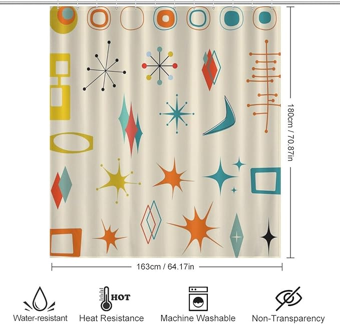 Mid Century Modern Shower Curtain,Vintage Iconic Atomic Modern Retro Space Abstract Geometric Fabric Bathroom Decor Curtains with Hooks 66x72in（168x183cm）
