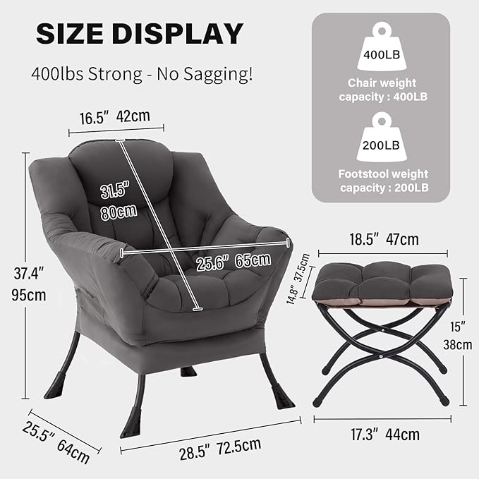 Tiita Lazy Chair, Gray Modern Large Accent Armchair, Comfy Leisure Sofa Reading Chair for Bedroom, Living Room, Dorm Rooms, Garden and Courtyard, Dark Grey