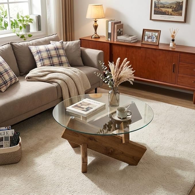 Circle Coffee Table, 33.4" Round Glass Coffee Table for Living Room, Mid Century Modern Center Table with Rustic Wood Crossed Legs, Glass Top Cocktail Table
