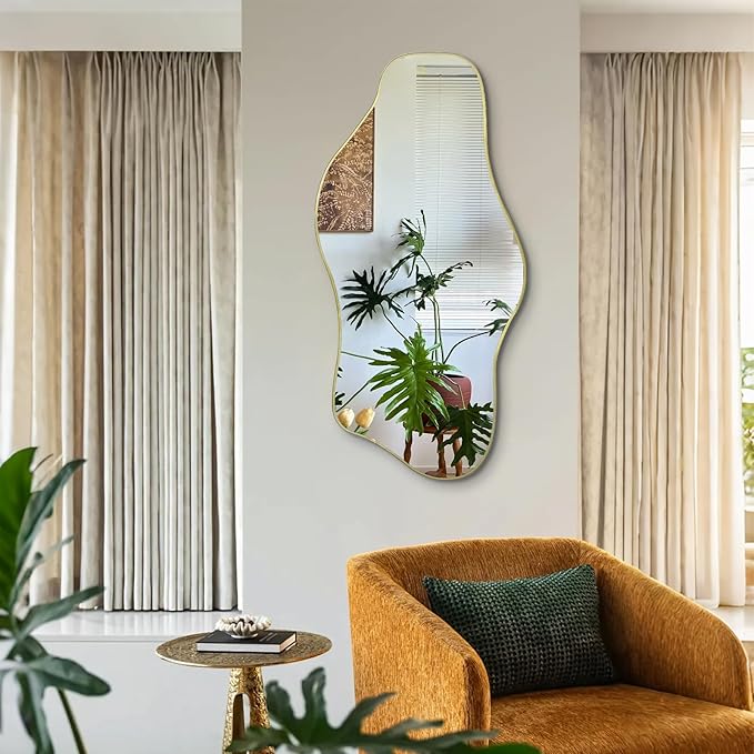 Gold Irregular Wall Mirror, 35.8"x17.7" Asymmetrical Tempered Glass Mirror Decorative, Modern Abstract Frameless Cloud Mirrors for Living Room Bathroom Bedroom Entryway, Horizontal or Vertical Hanging