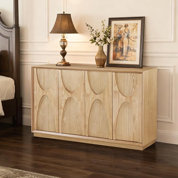 59" Sideboard Buffet Cabinet with Storage, Mid-Century Modern Sculpted Door Design Buffet Sideboard Accent Credenza with Adjustable Shelves for Living Room Kitchen Hallway (Natural)