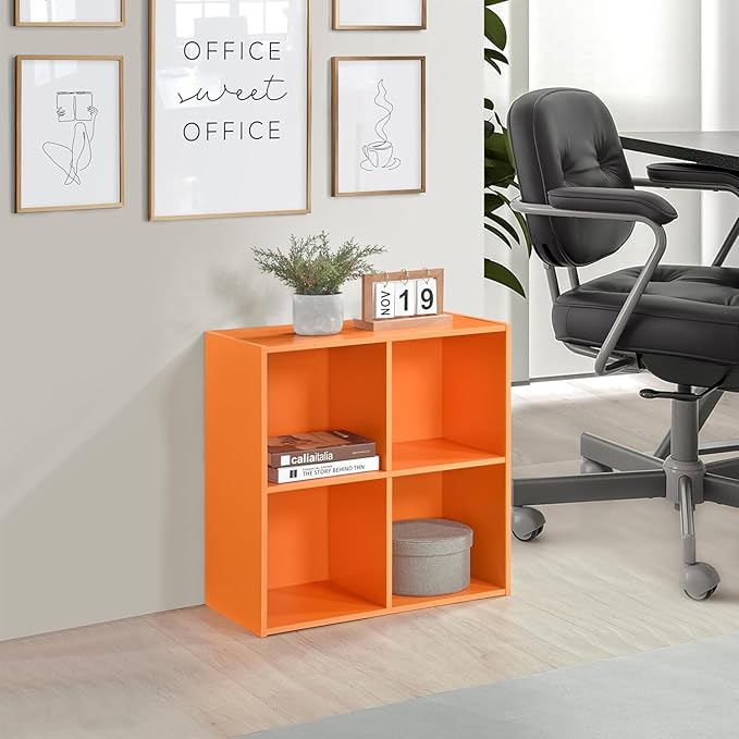 Kings Brand Furniture George 4-Cube Storage Organizer, 2-Tier Bookcase with Wood Shelves for Living Room, Bedroom, Nursery, or Home Office (Orange, 2-Pack)