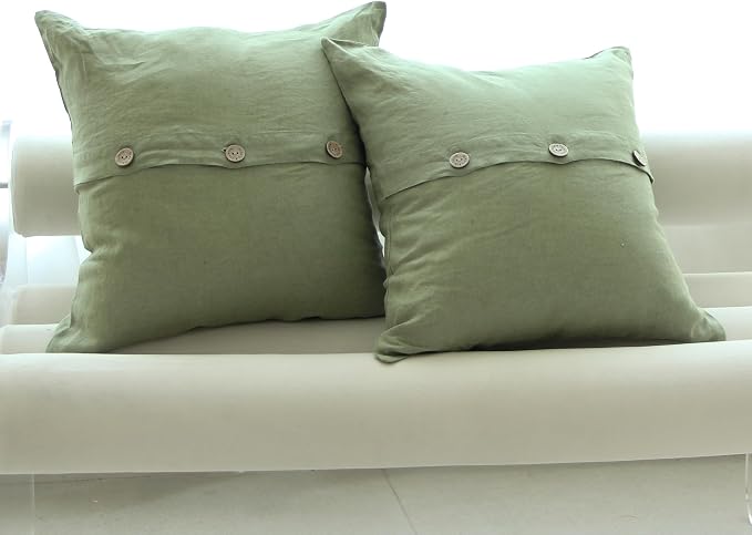 Simple&Opulence Linen Throw Pillow Covers Pack of 2, Triple Coconut Button Vintage Farmhouse Natural Flax Decorative Square Cushion Cover for Sofa Couch Chair - Sage Green, 18'' x 18''