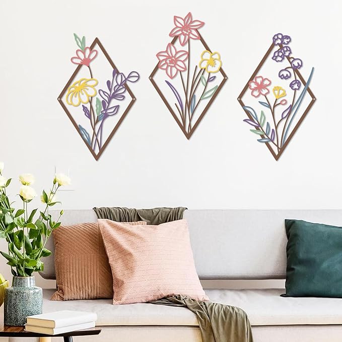 cape leadwort 3 Pcs Metal Flower Wall Decor, Minimalist Floral Wall Hanging Art, Abstract Line Floral Wall Art Sculpture for Bedroom Bathroom Living Room Kitchen Dining Room Office Hotel (Colorful)