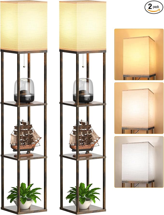 PARTPHONER Floor Lamp with Shelves for Living Room 2 Pack, Shelf Floor Lamp with 3 CCT LED Bulb, Corner Display Standing Column Lamp Etagere Organizer Tower Nightstand for Bedroom, Rustic Brown