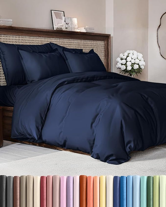 Duvet Cover King Size - Extra Soft King Size Duvet Cover - Lightweight & Breathable - Easy Care & Fade Free with Zipper Closures & Ties - 104" x 90" Inches - (Navy Blue) Comforter Not Included
