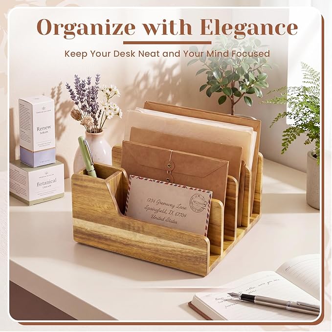 Novabright Acacia Wood Mail Organizer with Pen Holder, 5 Slot Desk File Organizer, Wooden Letter Sorter for Desk, Compact Desktop Document Holder for Home Office Storage
