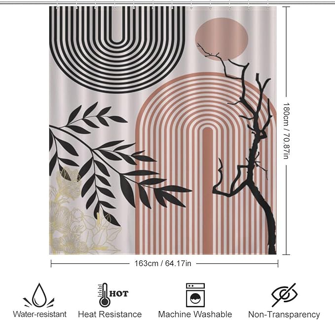 Abstract Mid Century Plant Shower Curtain Boho Retro Tropical Sun Arch Minimalist Modern Aesthetic Geometric Washable Waterproof Fabric for Bathroom Decor Bathtub with 12 Hooks 66x72in（168x183cm）