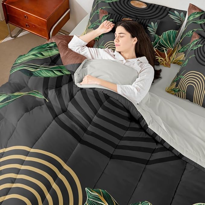 Erosebridal Mid Century Bed in A Bag 7 Pcs Brown Black Boho Geometric Comforter Set for Women Men Tropical Modern Palm Leaf Bedding Sets King Abstract Bohemian Aesthetic Sheet Set with Comforter