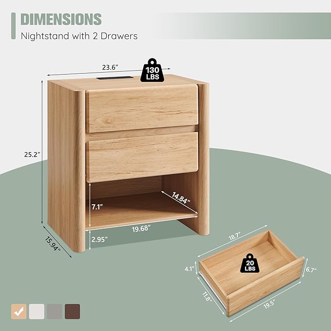 25" Tall Modern Nightstand with Charging Station, 23.6" W Nightstand with 2 Storage Drawers & Open Shelf, Wood Night Stand w/Rounded Corner Design for Bedroom, Living Room (Natural)