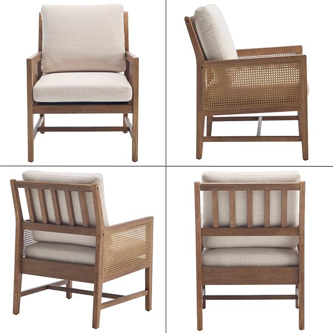 chairus Mid-Century Modern Accent Chairs Set of 2, Upholstered Solid Wood Armchairs with Cane Armrests & Slat Back, Comfy Rattan Reading Chairs for Living Room Bedroom Guest Room, Beige Linen