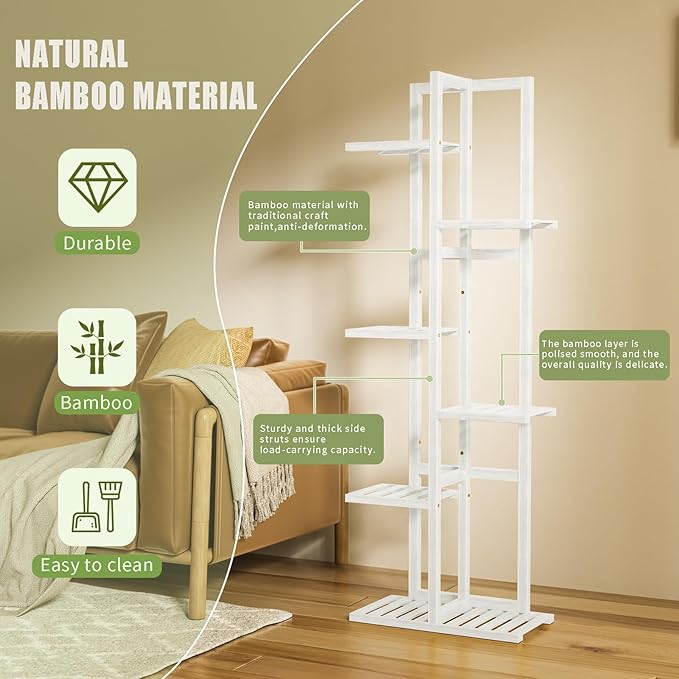 ROMGUAR CRAFT 6 Tier Bamboo Plant Stand Indoor, Wood Tall Flower Holder Corner Tiered Plant Shelf for Multiple Plants (White)