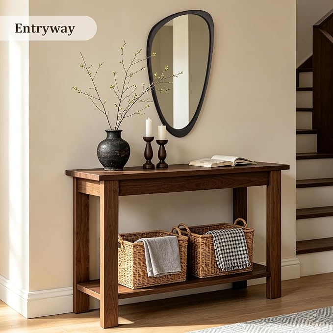 HOMECOOKIN 30" H x 19" W Asymmetrical Mirror, Irregular Wooden Wall Mirror for Bedroom, Living Room,Entryway– Mid-Century Modern Decorative Mirror, Solid Wood Frame, Pebble Shaped Design (Dark Brown)