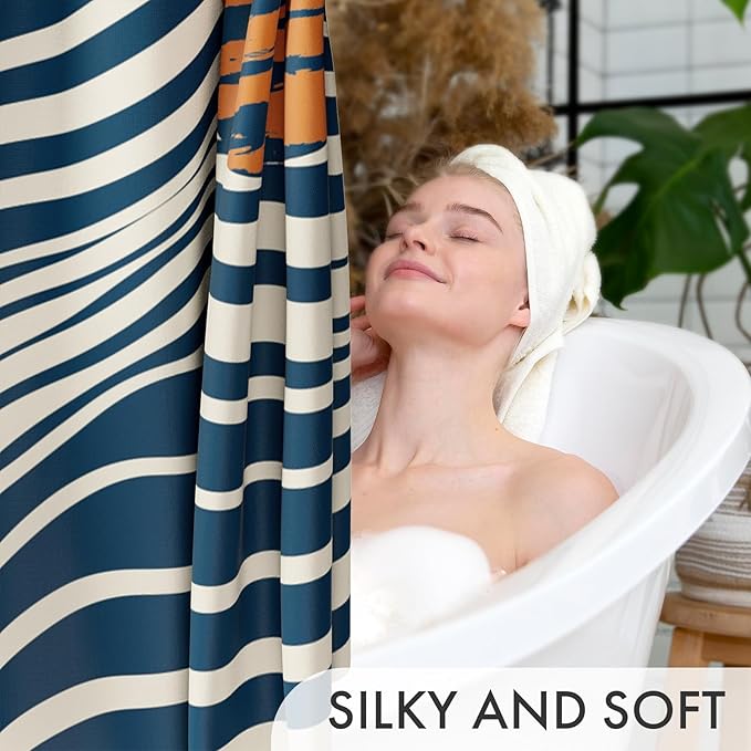 AmazerBath Boho Shower Curtain, 72x72 Washable Cloth Navy Sea and Sunset Shower Curtain with 12 Hooks, Fabric Rustic Shower Curtain Set, Farmhouse Modern Tan Shower Curtains for Bathroom Camper RV