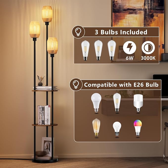 Floor Lamp with Shelves, Rustic Floor Lamp with Shades, 3 Light Standing Lamp with Table, 71" Tall Shelf Lamp with 3 Bulbs, Foot Switch, Corner Lamps for Living room, Bedroom (Black-Rattan)