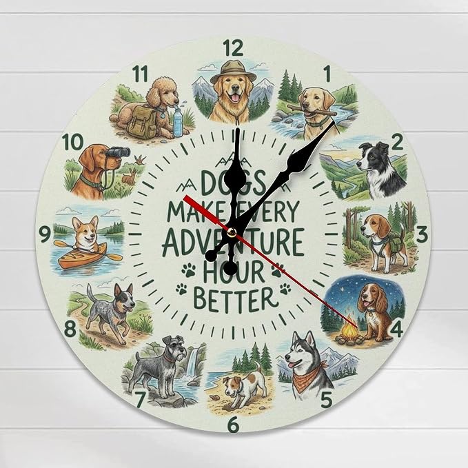 Outdoor Dogs Silent Non Ticking Wooden Wall Clock | Frameless Pet Animal Theme Decor for Kids Room, Playroom, Office, Dog Lover Gift