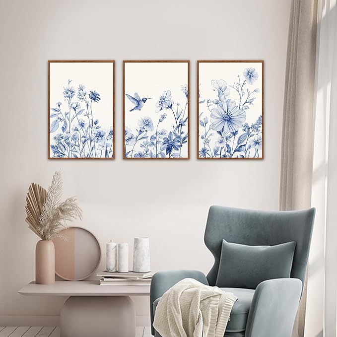 HLNIUC Blue Flower Bird Wall Art Set,Large Canvas Wall Art Blue White Wildflower Poster,Farmhouse Vintage Blue Bird Blossoms Canvas Painting,Botanical Floral Art Print for Living Room Bedroom-16"x24"x3