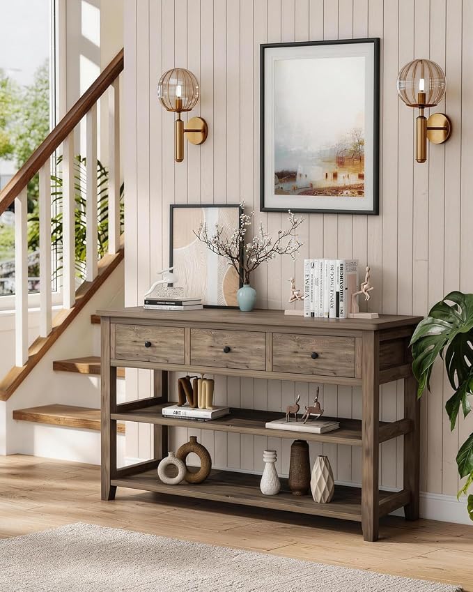 Karl home Console Table with 3 Drawers, 47" Farmhouse Wash Grey Entryway Sofa Table with Silent Slide Rails & Anti-Fall Guardrails for Hallway, Living Room, Foyer, Office
