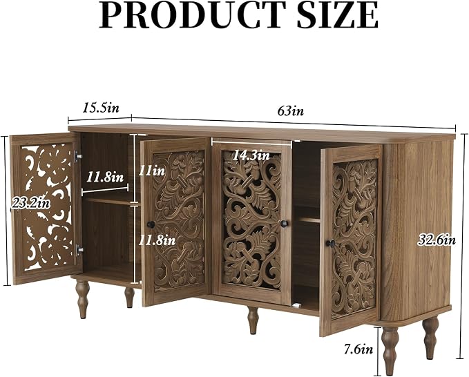 ARTPOWER 63" Retro Arc Carved Sideboard Buffet Cabinet, 4 Craft Doors Wooden Accent Credenza for Living Room, Dining Room, Entryway, Hallway, Light Walnut