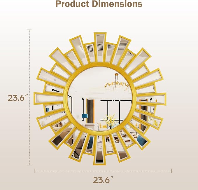 Gold Sunburst Mirrors for Wall Decor,24" Large Sun Mirror,Starburst Mirror for Living Room, Fireplace,Bedroom, Entryway