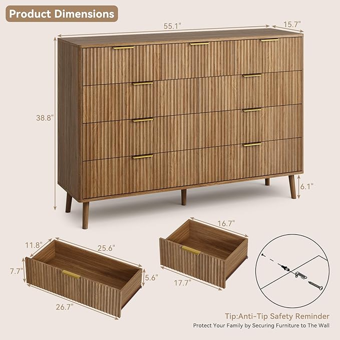 CARPETNAL Fluted Dresser and Nightstand Sets for Bedroom, 3 Pcs Bedroom Set, 9-Drawer Dresser & 2-Drawer Nightstand Set of 2, Modern Wood Chest of Drawers for Living Room, Entryway, Walnut