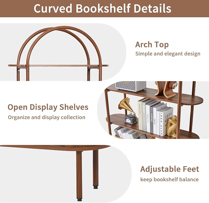 71" Tall Fluted Arched Bookshelf with Sliding Tambour Doors, Mid Century Modern Metal Curved Bookshelf Cabinet with Storage, 4-Tier Open Display Storage Shelf for Home Office, Living Room (Walnut)