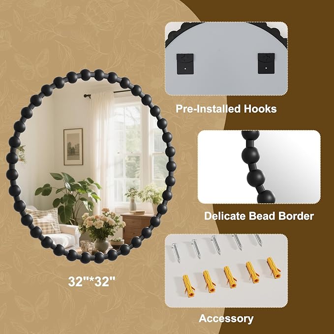 Easly Round Mirror for Wall, 32 Inch Black Beaded Frame Decorative Vanity Mirror, Circle Bathroom Mirror with High-Definition Lense, Modern Wall Decor for Bathroom, Living Room, Bedroom, Entryway