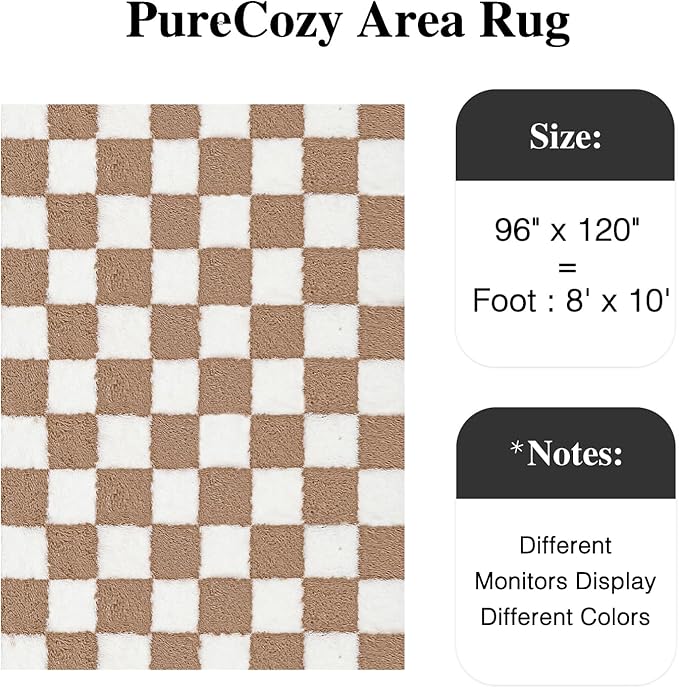 Checkered Rug 8x10 for Living Room, Beige and White Modern Shag Rug Washable Non-Slip Large Area Rug Super Soft Indoor Fuzzy Carpet Fluffy Rugs for Bedroom Home Aesthetic Decor