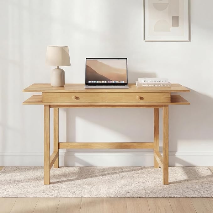 Double-Top Solid Wood Desk - 48-Inch Mid-Century Modern Writing Table with Drawers for Home Office, Study, and Creation, Rubberwood Computer Desk in Honey Oak