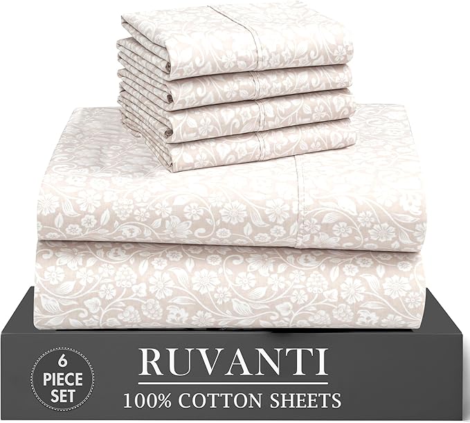 RUVANTI 100% Cotton Percale Sheets Full Size 6 Piece Set, Cooling Bed Sheets for Hot Sleepers, Deep Pocket 16”, Breathable Lightweight & Durable, Crisp Hotel Style Sheets, Orchid Charm