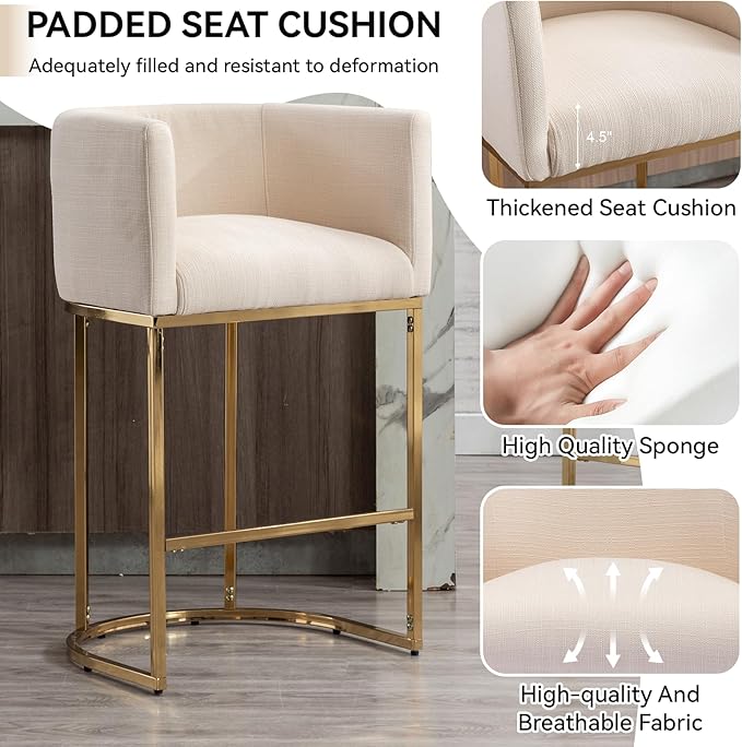 Contemporary Cream Linen Bar Stools Set of 3, 29" Upholstered Fabric Counter Height Barstools Kitchen Counter Island Stools with Screwed Together Golden Metal Base