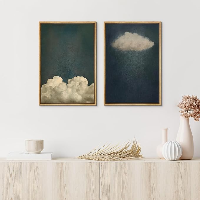 IDEA4WALL Framed Canvas Print Wall Art Set Dreamy Cloud Abstract Cloudscape Illustrations Modern Art Decorative Coastal Cottage Seascape for Bedroom - 24"x36"x2 NATURAL