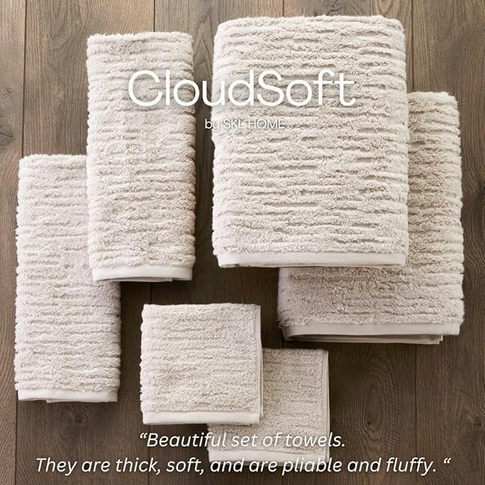 SKL Home CloudSoft 100% Cotton Luxury 6-Piece Towel Set, 600 GSM, Ultra Plush & Absorbent - 2 Bath Towels, 2 Hand Towels, 2 Washcloths, Oatmeal