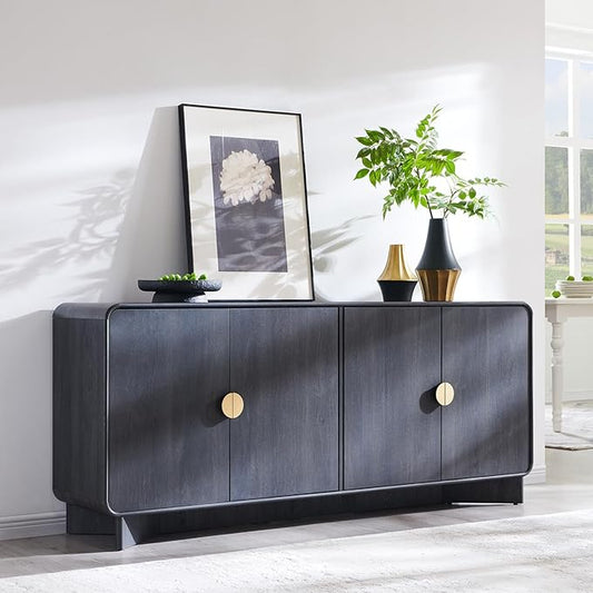 Modern Buffet Cabinet with Storage, 70" Large Sideboard Buffet Storage Cabinet with 4 Doors and Adjustable Shleves, Wooden Curved Coffee Bar for Dining Room, Kitchen, Living Room, Dark Grey