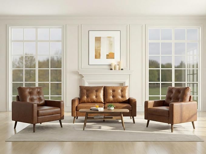 HNY Set of 2 Mid Century Modern Armchair, Button Tufted Faux Leather Accent Chair with Arm, Upholstered Club Chair for Living Room, Bedroom, Rubber Wood Legs, Caramel