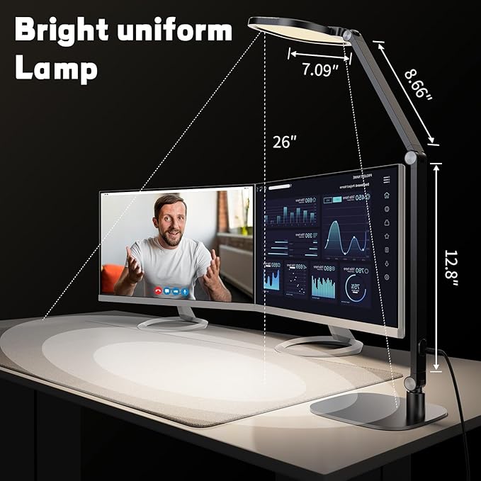 LitONES LED Desk Lamp for Home Office, Professional Eye-Caring Diffused Desk Light, 3 Color 10 Brightness Computer Light, Dimmable Office Lamp with Memory & Timer Func, Metal Swing Arm Table Lamp
