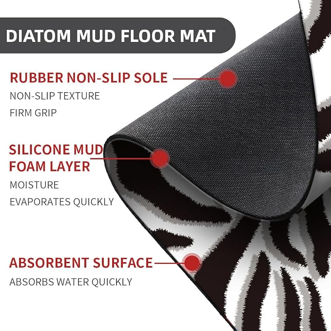 Diatomaceous Earth Bath Mat,Black and White Zebra Print Non-Slip Volume Super Absorbent Fast Drying for Bathroom Kitchen Door mat,Eco-Friendly Easy to Clean 17×27.5Inch (43 * 70cm)