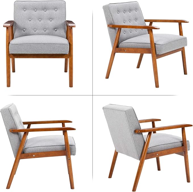 UNICOO® Mid-Century Retro Modern Accent Chairs, Solid Wood Armrest Lounge, Upholstered Mid Century Modern Chair, Walnut Finish with Innerspring Seat Cushion, Linen-Look Fabric (U205-1-GY)