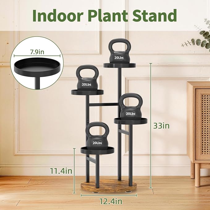 LASZOLA 4 Tier Metal Plant Stand for Indoor Corner, Heavy Duty Wooden Flower Holder Rack for Mutiple Plants, Planter Display Shelf for Patio Garden Balcony Living Room, Black