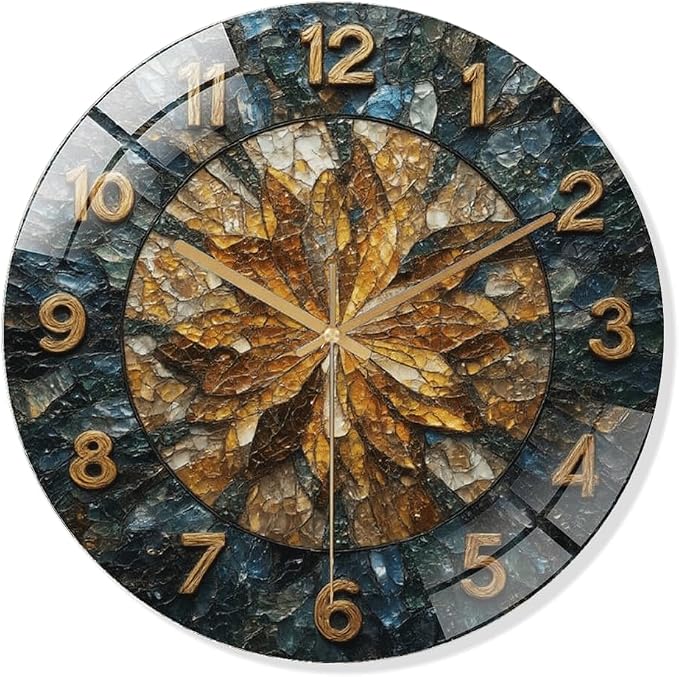 12 Inch Leaf Mosaic Glass Wall Clock Silent Modern Art Decor | Silent glossy wall clock with a vintage crushed stone mosaic design, tracking time perfectly for your living room