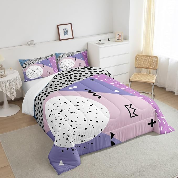 Manfei Memphis Comforter Set King Size, Abstract Geometric Retro Bedding Set 3pcs for Kids Girls Room Decor, 80s or 90s Fashion Style Quilt Set Soft Polyester Duvet Set with 2 Pillowcases