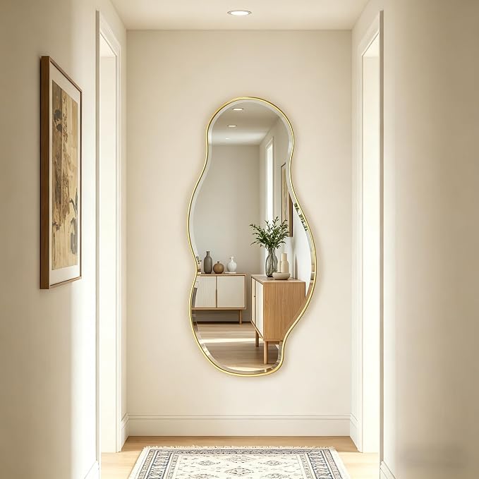 POZINO Large Irregular Beveled Mirror, 63"x28.5" Asymmetrical Full Length Mirror with Gold Metal Frame, Organic Shape Wall Mirrors for Entryway Living Room Bathroom, Horizontal/Vertical Hanging